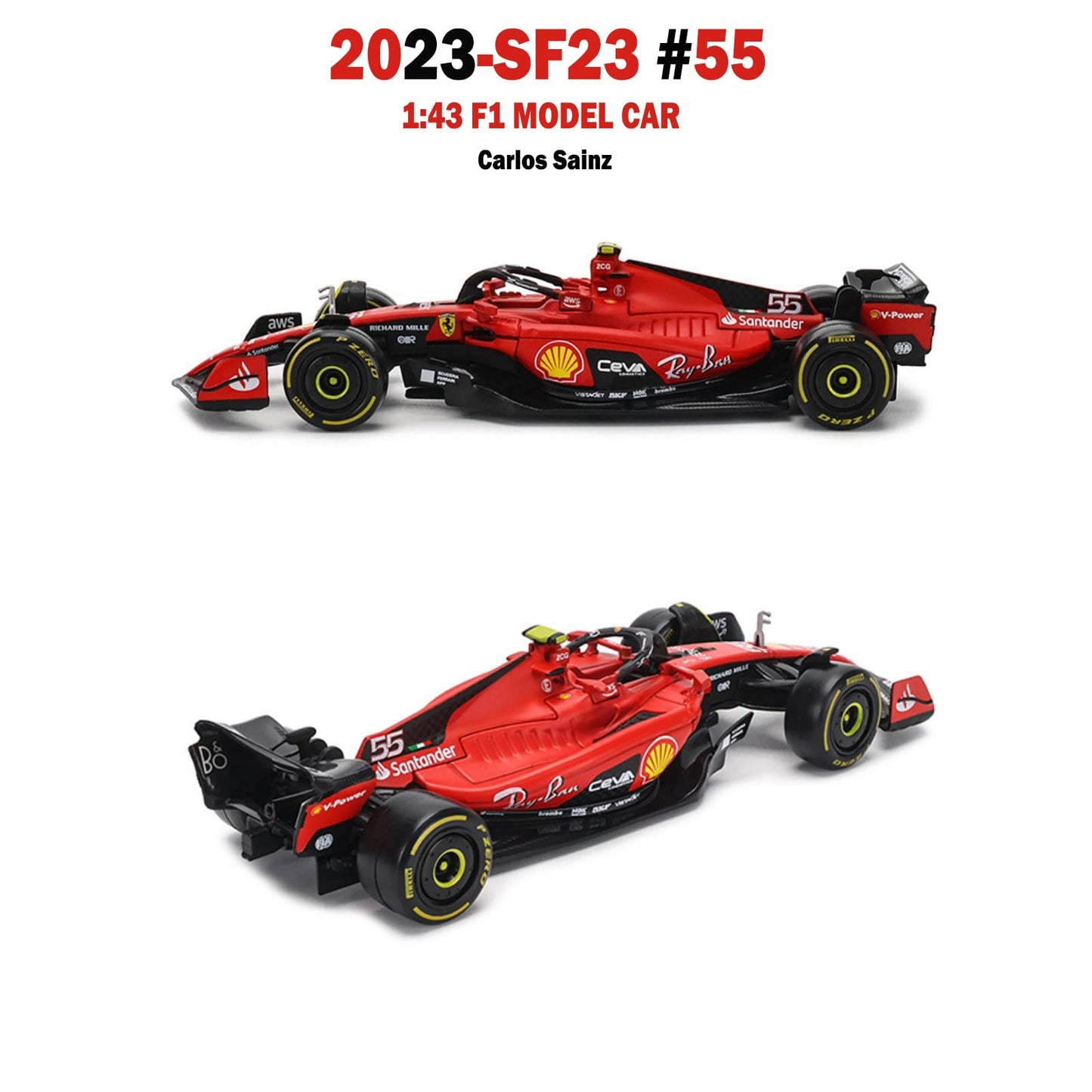 HTLNUZD 2023 1/43 SF23#55 Racing Model Car for F1 Scuderia Ferrari 1:43 SF23#55 Sainz Alloy Car Die Cast Car Model Adult Collection Gift