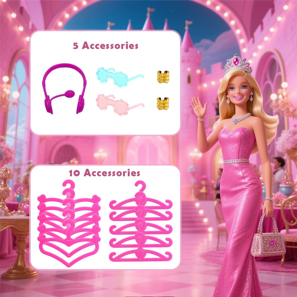 35 Pcs Doll Accessory Set for 11.5 Inch Fashion Dolls: 5 Generic Crowns, 5 Necklaces, 10 Hangers, 5 Pairs Shoes, 5 Bags, 2 Pairs Glasses, 2 Bracelets