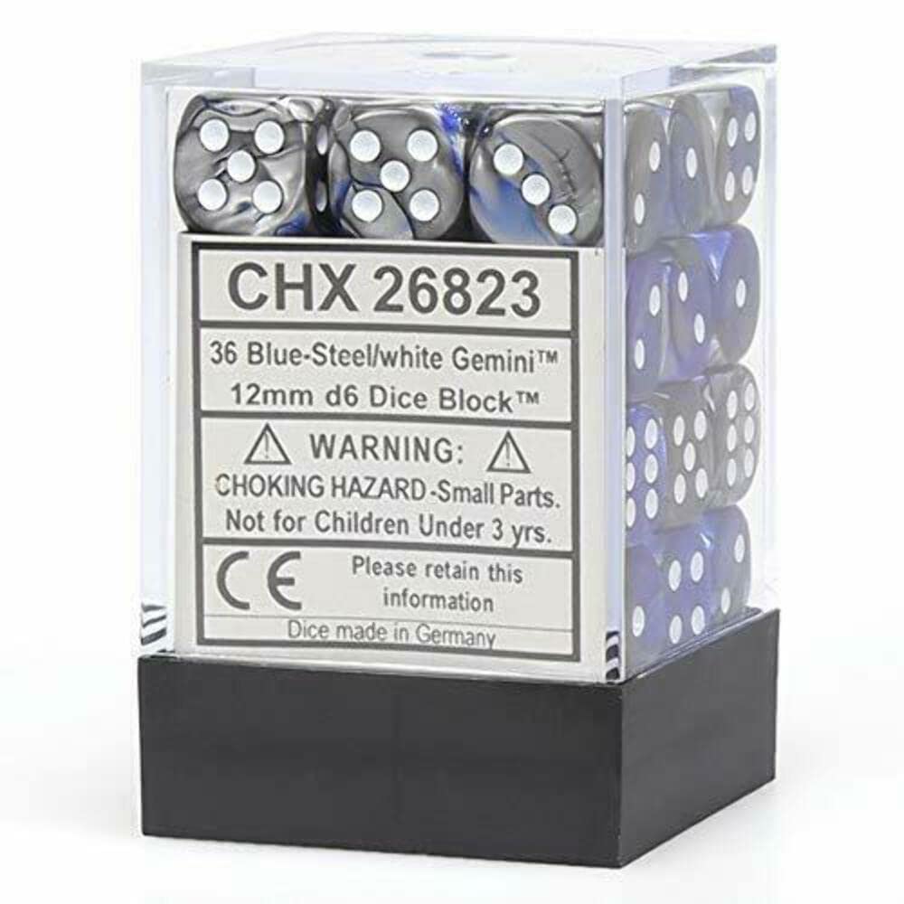 DND Dice Set-Chessex D&D Dice-Gemini: 36D6 Blue-Steel/White Dice Set-Dungeons and Dragons Dice Includes 36 D6 Dice