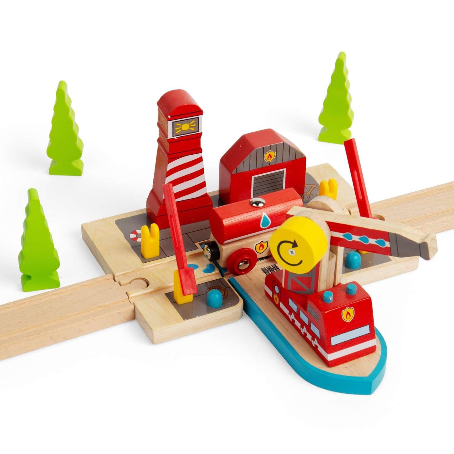 Bigjigs Rail Fire & Sea Rescue | Wooden Train Set Accessories | Emergency Services Toys | Expansion Pack for Wood Railway Track | Includes Crane