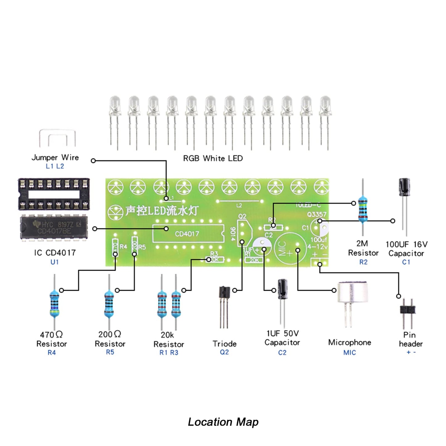 YIDAB Soldering Practice Kit Sound-Activated LED Chaser Kit - DIY Soldering Project with 10 LEDs & Microphone Sensor (12V DC) for Electronics