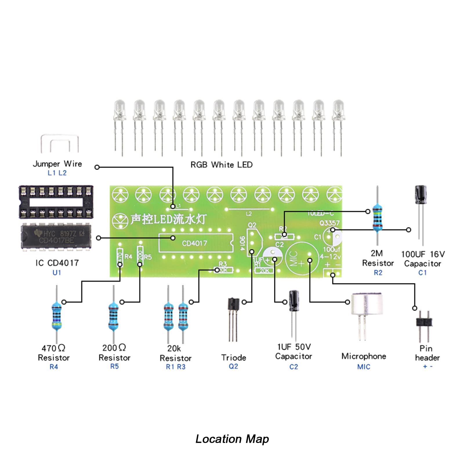 YIDAB Soldering Practice Kit Sound-Activated LED Chaser Kit - DIY Soldering Project with 10 LEDs & Microphone Sensor (12V DC) for Electronics