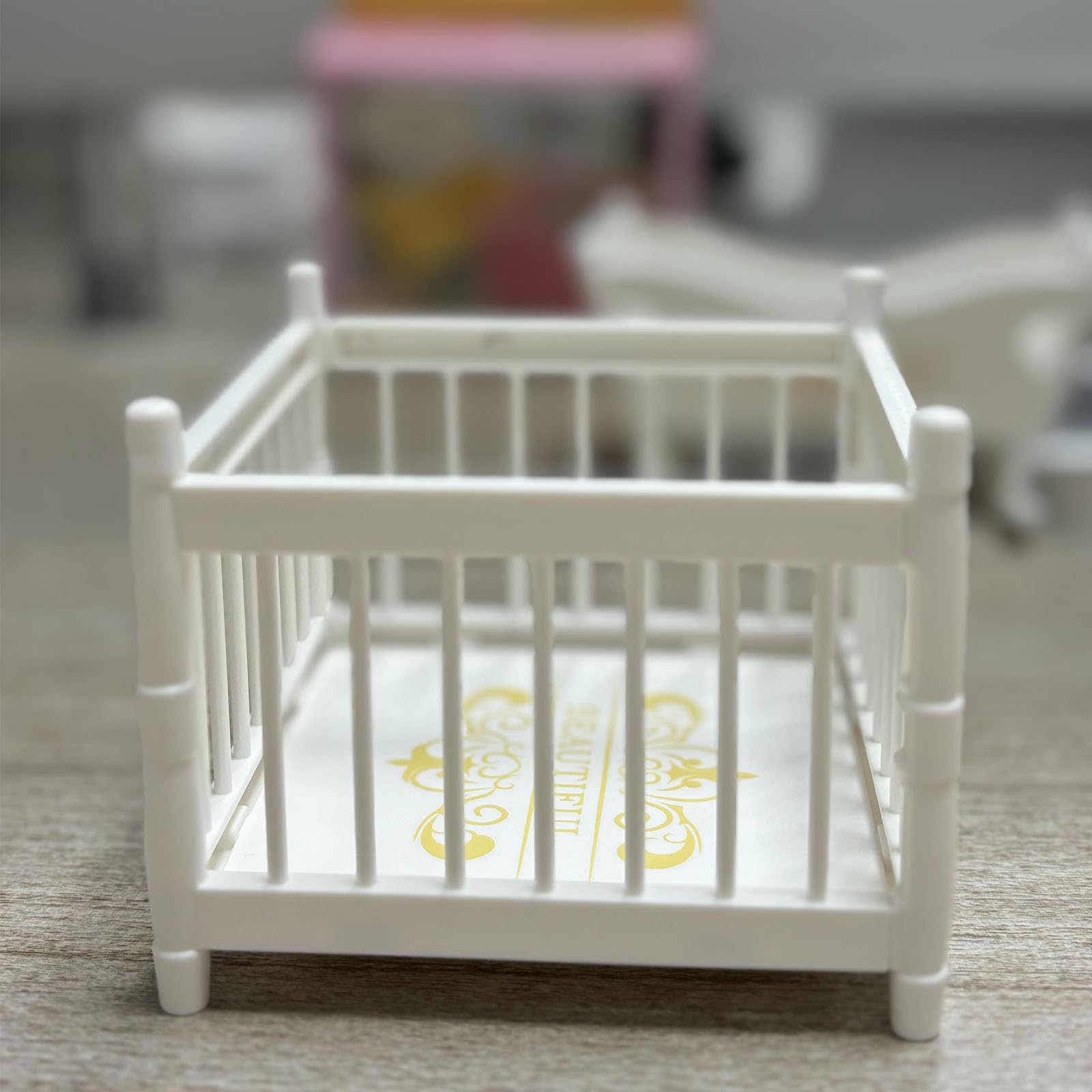 Miniature Dollhouse Furniture Set,Mini Doll Rocking Crib + Square Bed, Dollhouse Furniture Crib Wobble Toys Baby Doll Cradle White Wooden Bamboo Silk