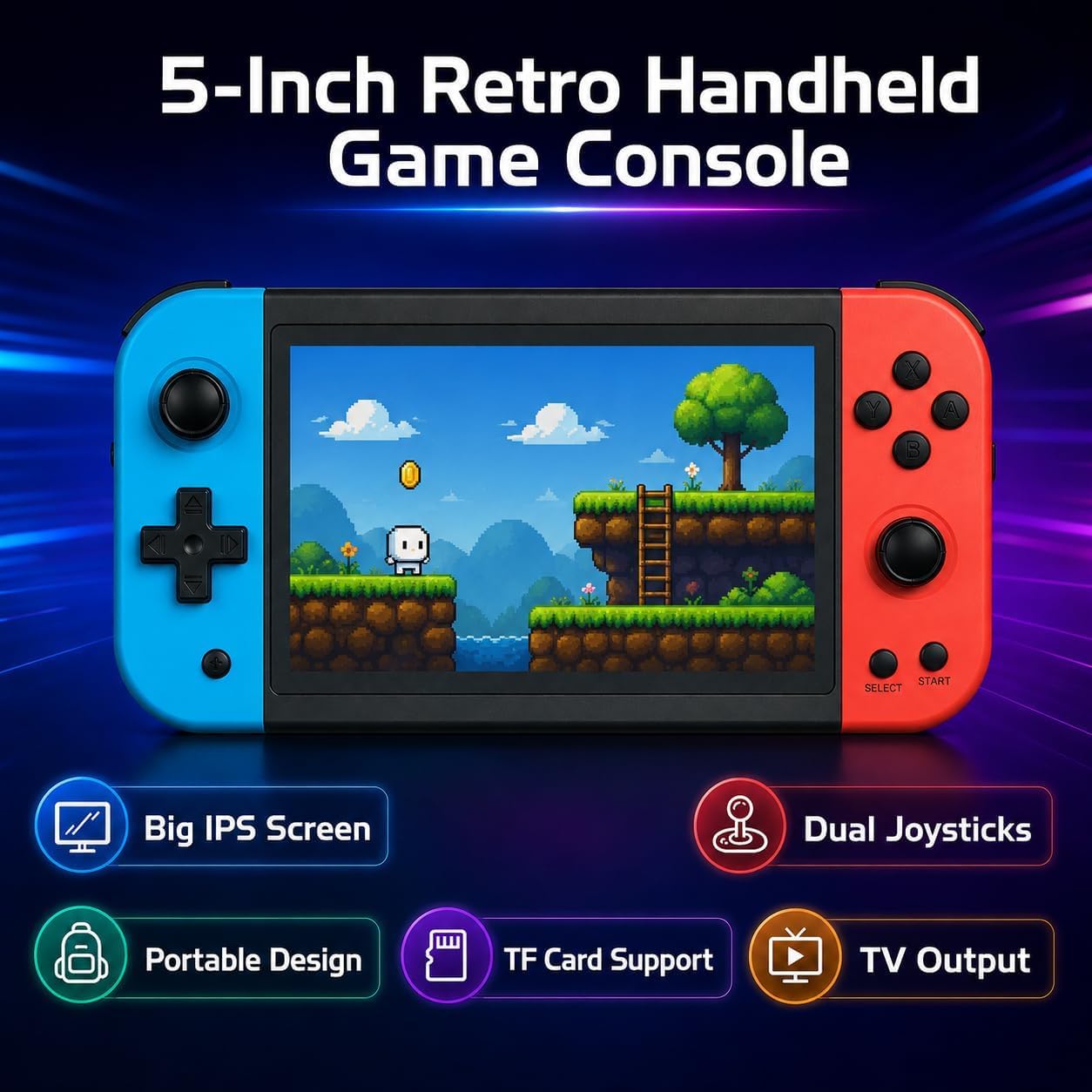 X51 Handheld Game Console - 5.1 Inch HD IPS Display, 32GB, Built-in Retro Arcade Games, Linux System, Rechargeable Battery, Portable Gaming Player