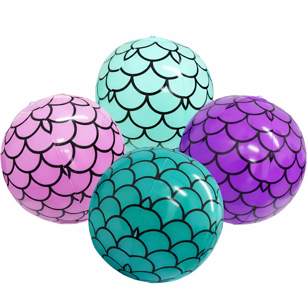 Mermaid Beach Balls (4 Pack) Mermaid Party Favors, Mermaid Party Decorations for Girls, Mermaid Birthday Party Supplies, Under The Sea Themed Party