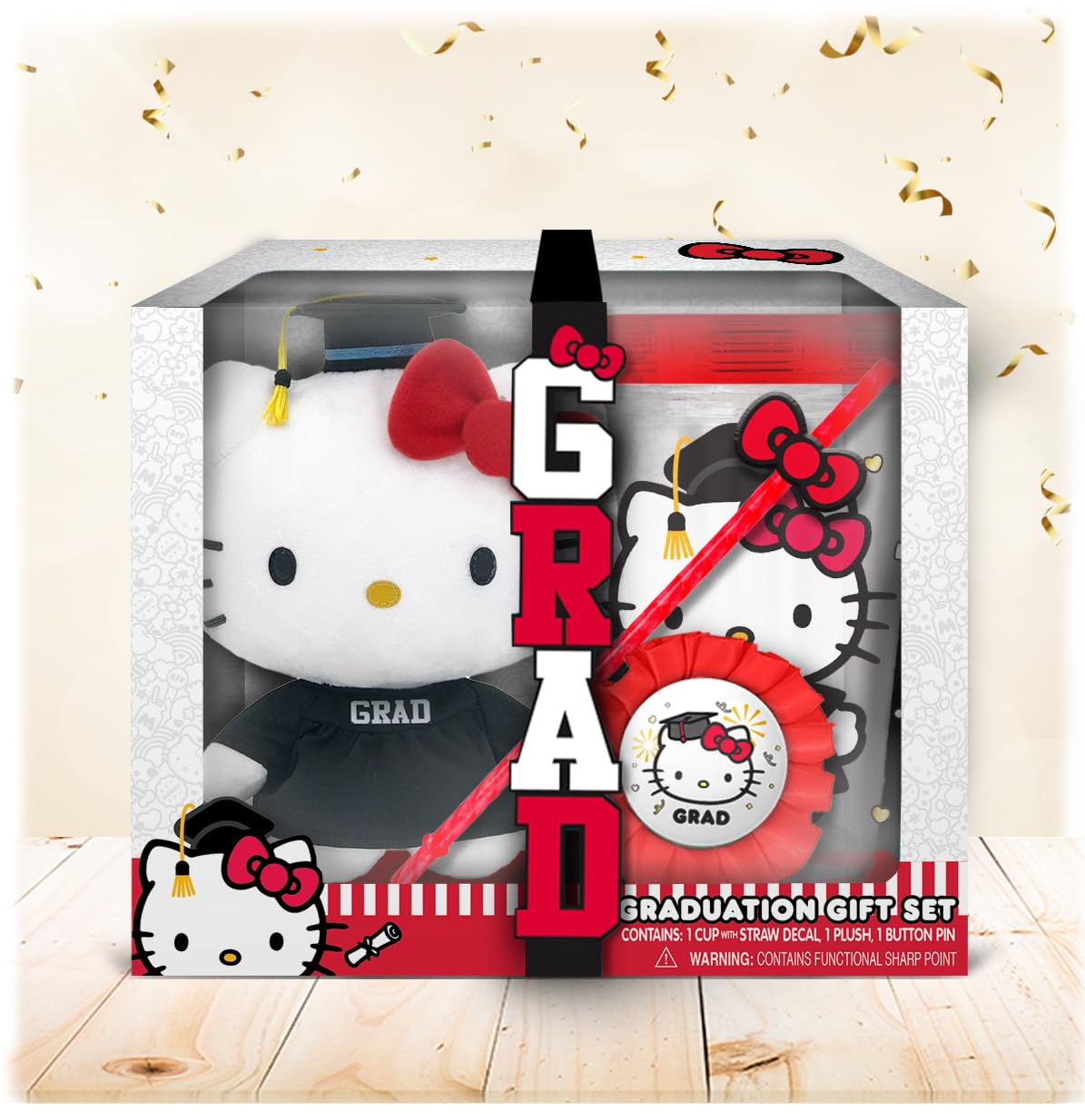 Hello Kitty Graduation Gift Set - Plush Hello Kitty in “Grad” Outfit, Themed Tumbler Cup with Straw, Decorative Ribbon Badge (Officially Licensed