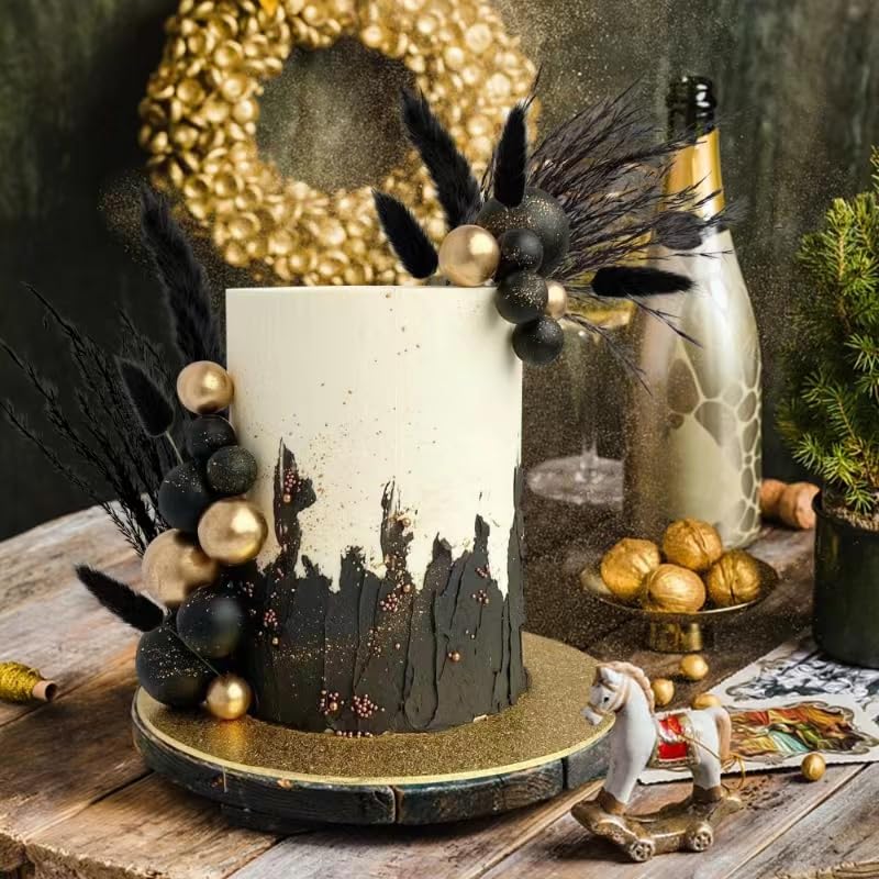 40 PCS Black Gold Cake Toppers Ball Cake Decoration Boho Bunny Tails Reed Grass Cake Decoration for Boho Wedding Birthday Baby Shower Party Cake