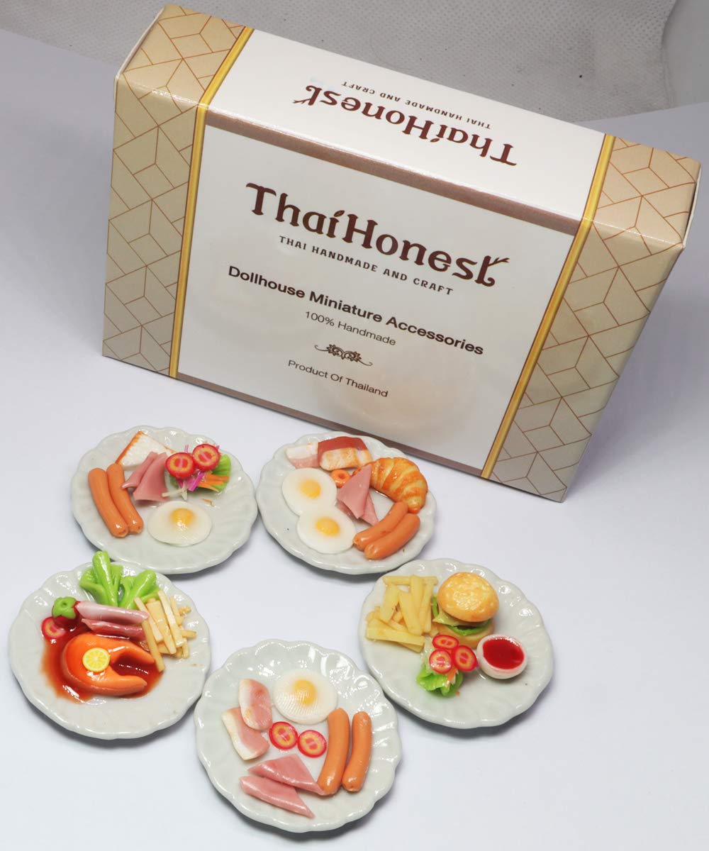 Mixed 5 Assorted Breakfast Dollhouse Miniature Food Set (1/6 Scale) - Sausage, Salmon Steak, Bacon, Burger & Fried Egg on Ceramic Plates, Handmade