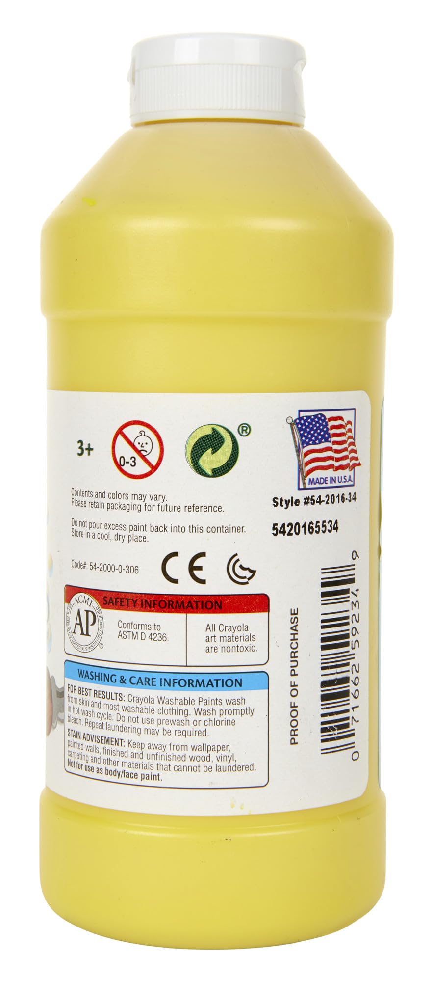 Crayola Washable Kids Paint, Yellow, 16oz