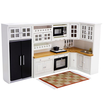 iLAND Dollhouse Furniture and Accessories Set Dollhouse Kitchen Modern Kit, Complete Miniature Cabinets Oven Refrigerator with Cookware fit 1/12 Scale