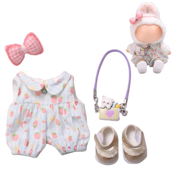 Cute Strawberry Romper Set for Labubu Dolls - Includes Bow, Mini Bag & Ruffled Shoes (Blue)