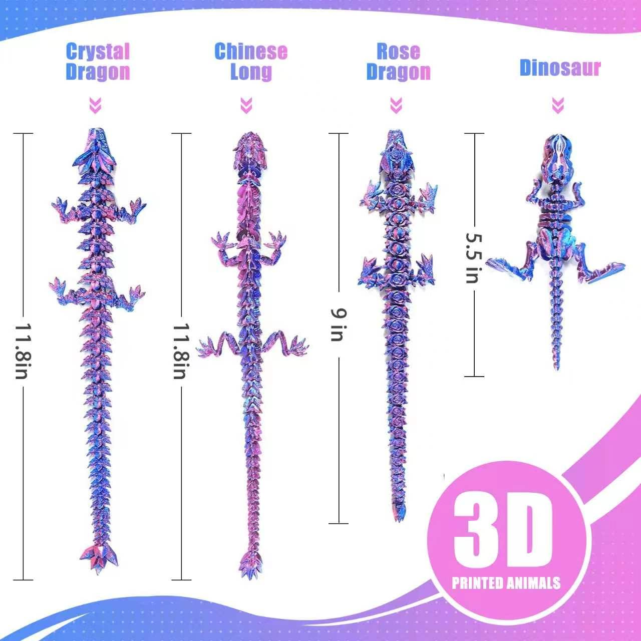 BAJINBE 9Pack 3D Printed Animals Set Include Dinosaur Sharks Axolotl Turtle Cobra 3 Style Dragons 3D Printed Fidget Toys Home Office Desk Decor