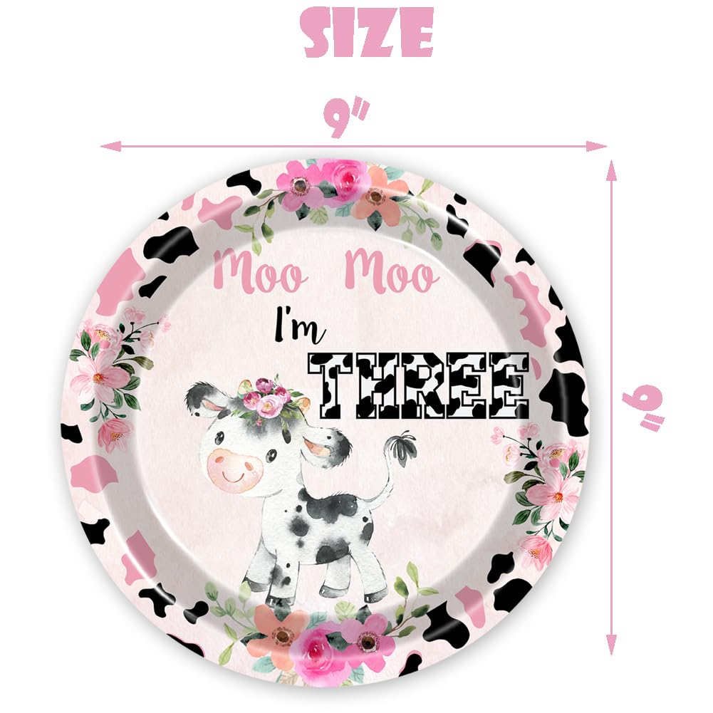 80 Pcs Holy Cow I'm Three Girls Birthday Decorations Moo Moo I'm Three Paper Dinner Plates Napkins Forks Dinnerware for Farm Animals Cow Themed Girls
