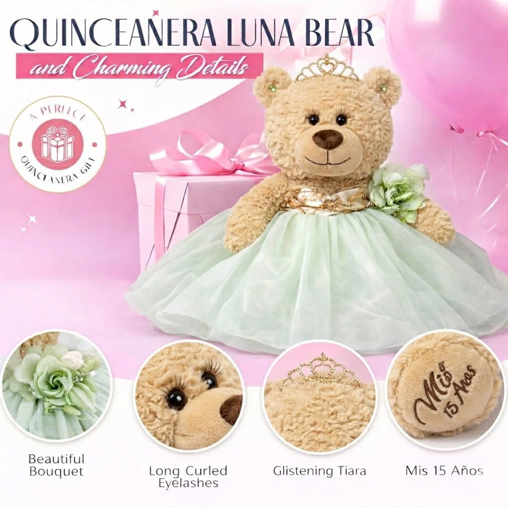 KINNEX COLLECTIONS SINCE 1997 Large 20” Quinceañera Teddy Bear Centerpiece - Elegant Dress, Oversized Keepsake Gift for 15 Años, OSO Quinceañera