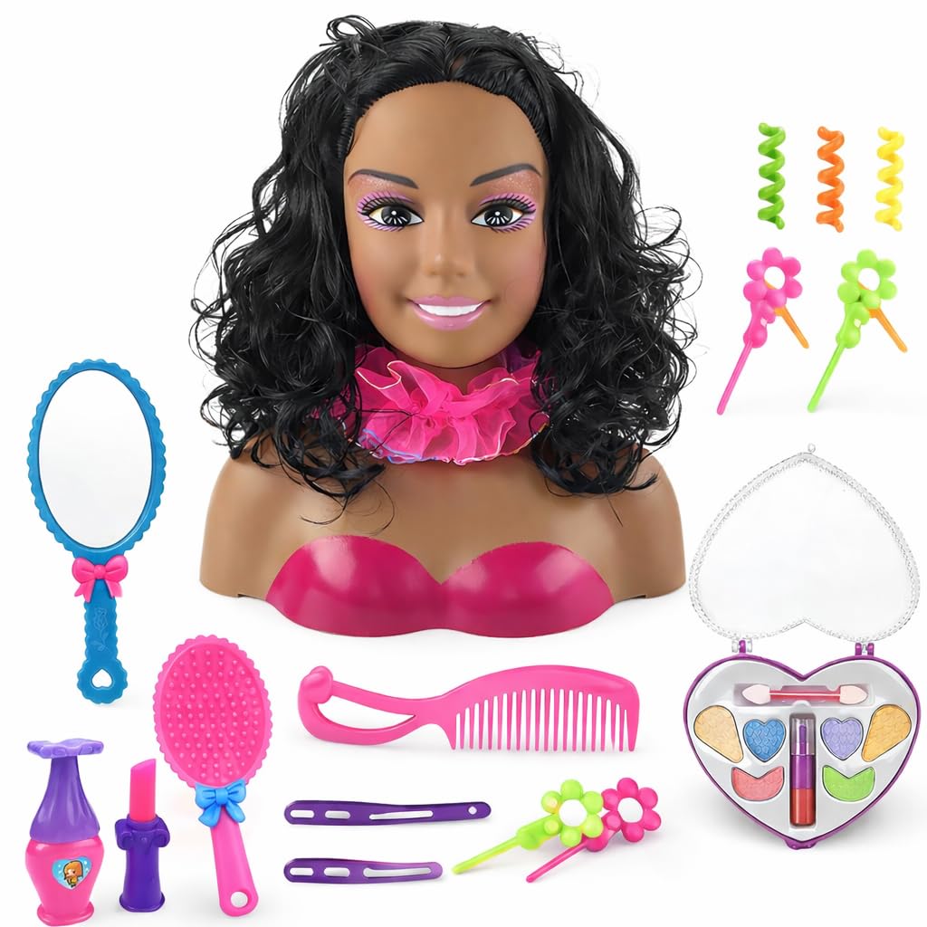 Liberty Imports African American Black Makeup and Hair Styling Doll Head Toy Playset with Real Washable Cosmetic and Fashion Dress Up Accessories