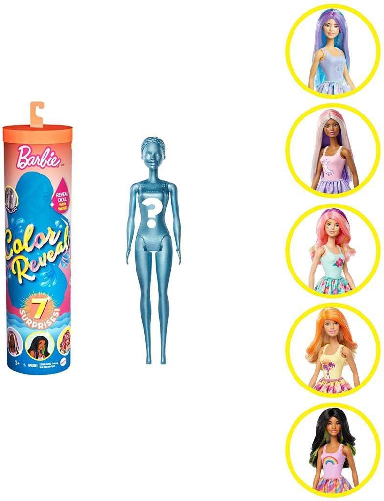 Barbie Color Reveal Doll with 7 Surprises: 4 Mystery Bags Contain Surprise Wig, Skirt, Shoes & Sponge; Water Reveals Metallic Blue Doll’s Look &