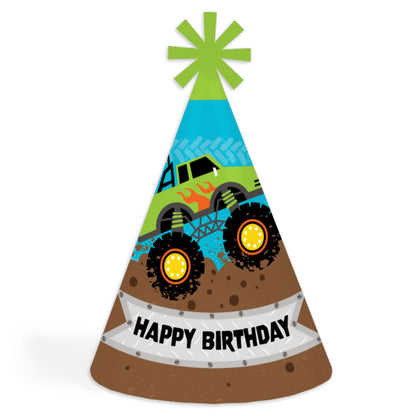 Big Dot of Happiness Smash and Crash - Monster Truck - Cone Happy Birthday Party Hats for Kids and Adults - Set of 8