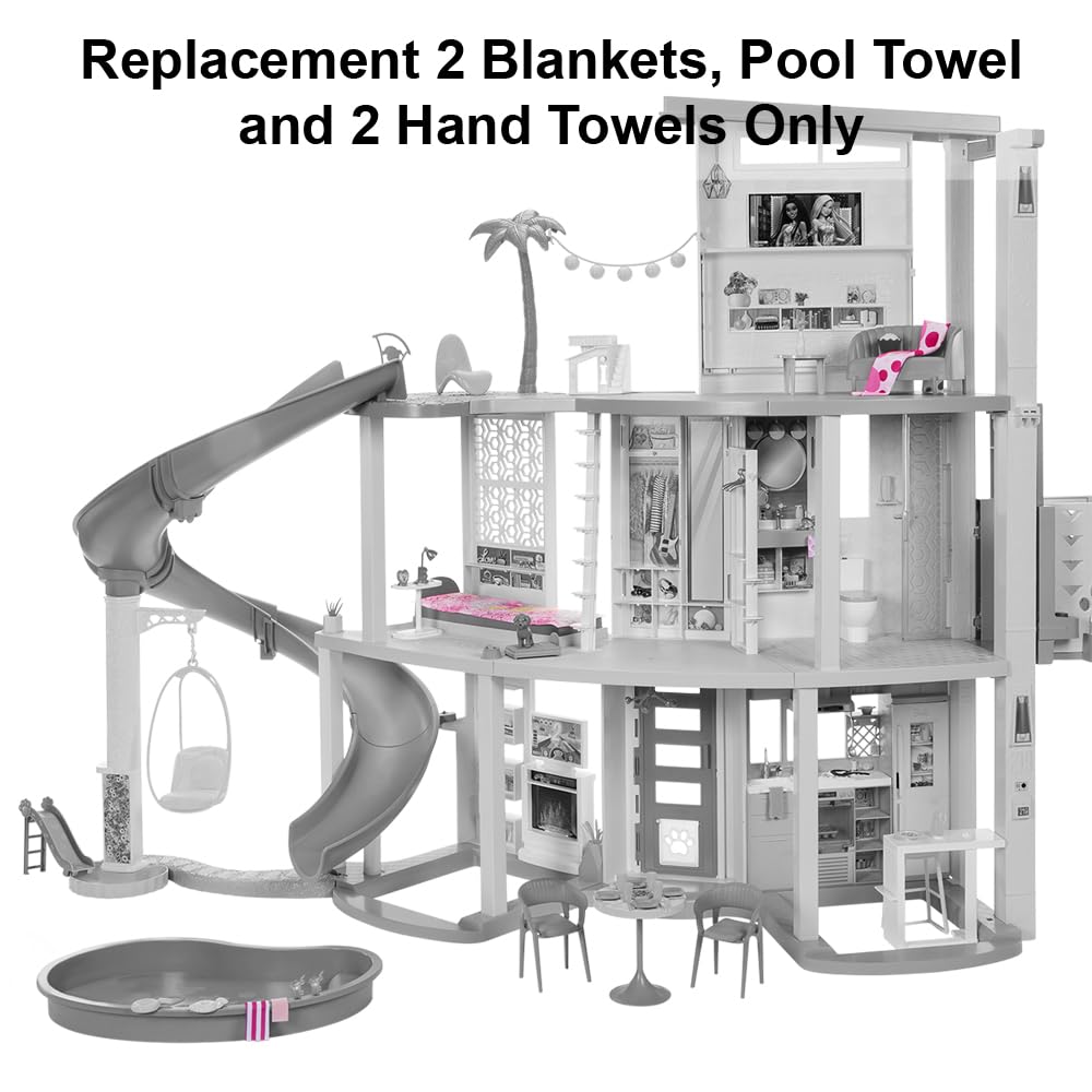 Replacement Part for Barbie Doll Dreamhouse Doll House Playset HMX10 - Replacement Soft Goods - 2 Blankets, Pool Towel and 2 Hand Towels