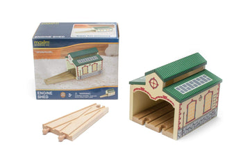 maxim enterprise, inc. Wooden Train Engine Shed, Multicolor Railway Shed Houses 2 Toy Engines, Wood Train Accessories with 2-Way Switching Track
