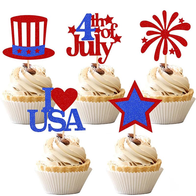 YuBoBo 4th Of July Gillter Cupcake Toppers Decorations Patriotic Independence Day Party Supplies Cake Dessert Ice Cream Toppers Accessories