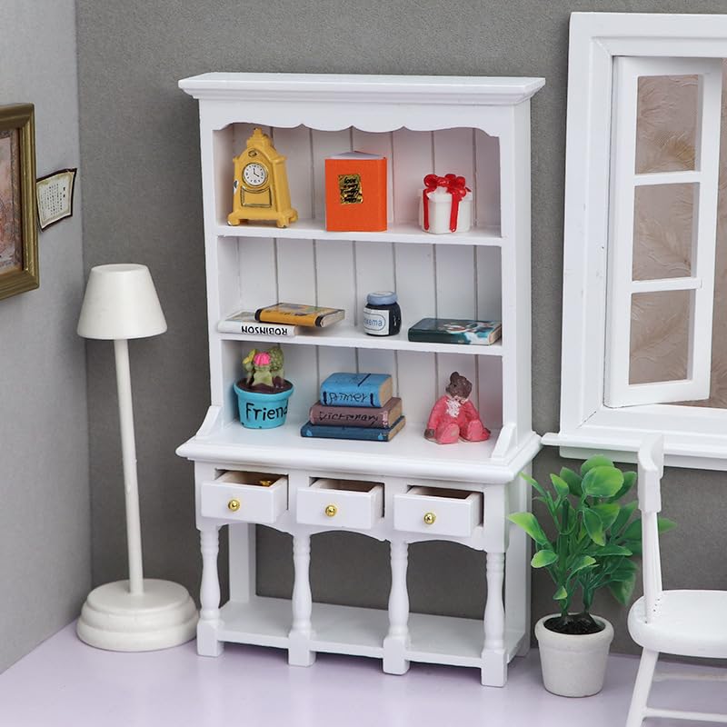 AirAds Dollhouse Furnitures 1:12 Scale Dollhouse Miniature Wood Hutch Display Cupboard Cabinet White Furniture (Set 2) (2-Drawer Hutch)