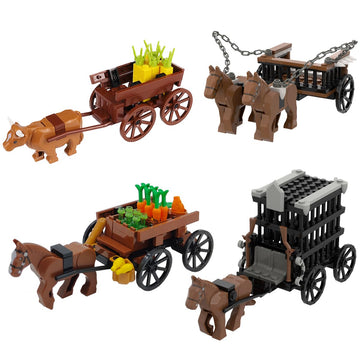 4 Kind of Medieval Carriage Building Blocks,Ancient Grain Horsecart Oxcart Bricks Set,Medieval Prisoner Soldier Vehicles Building Set,MOC Medieval