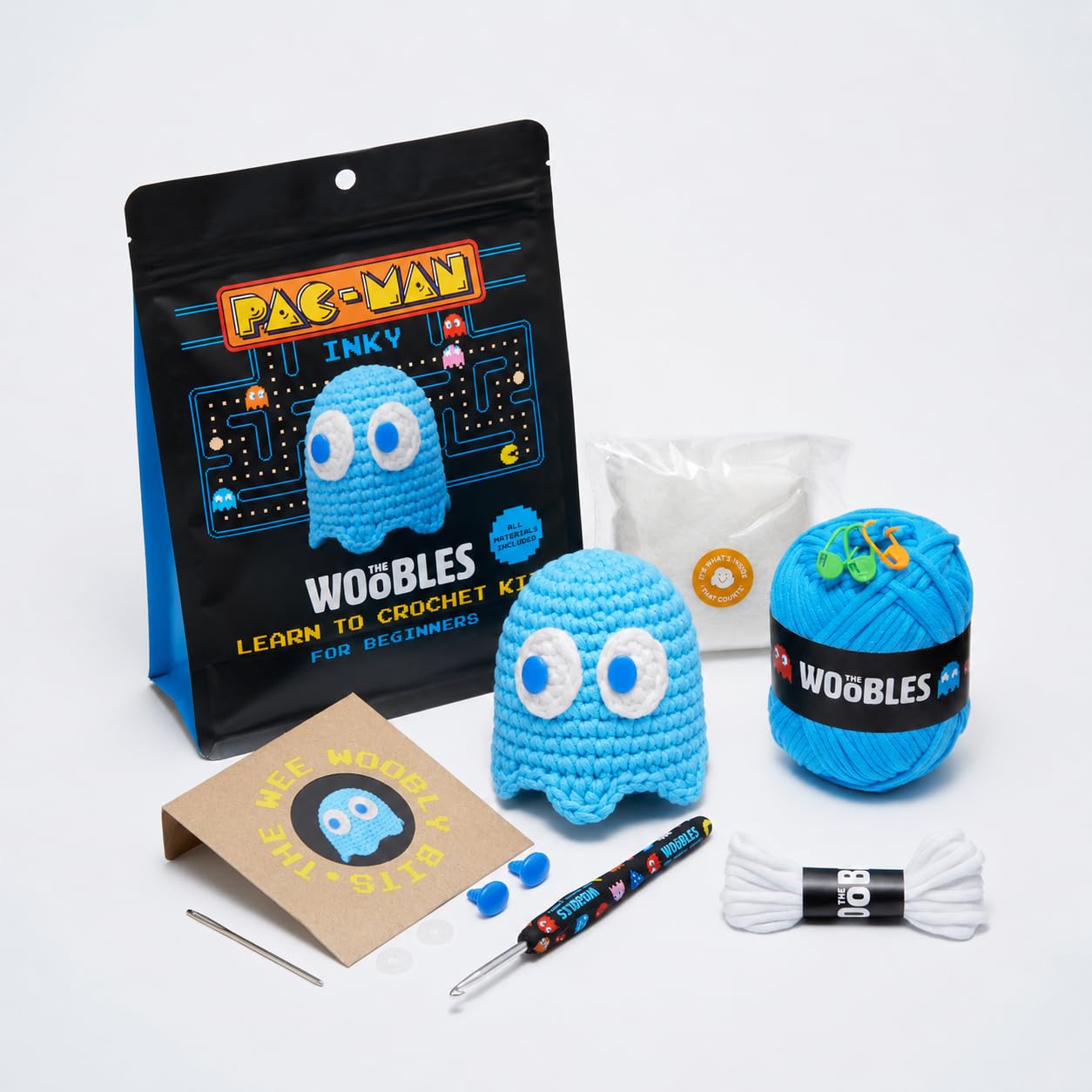 The Woobles Inky Crochet Kit for Beginners - Officially Licensed PAC-MAN Ghost Amigurumi Kit, As Seen on Shark Tank, 4-in Plush, Ages 12+