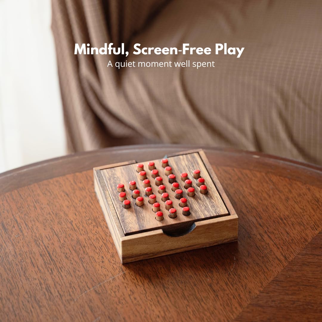Wood Solitaire Game Classic Peg Solitaire Board Premium Wooden Design Single Player Brain Teaser Strategy Puzzle for Brain Training Tabletop Indoor