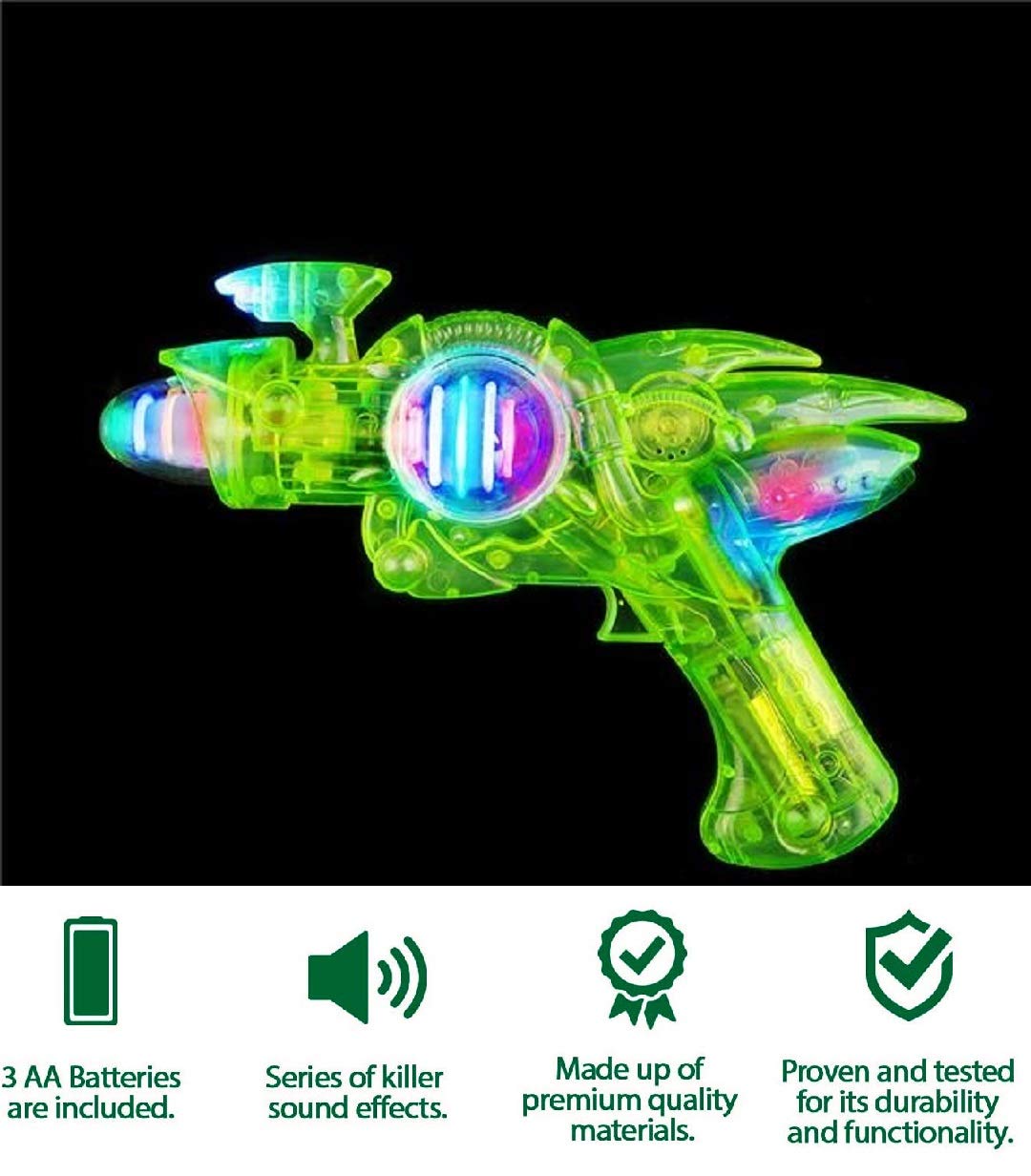 - 2 Pack - NEON Green Light-up Galaxy Space UV Glow Super Space Blaster Flash Gun (11") Noisy Blacklight Reactive Glow in Dark Space Blaster. Plastic