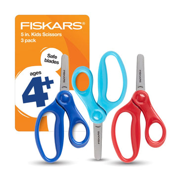 Fiskars 5" Kids Blunt-Tip Scissors, Ages 4-7, Red, Blue, Turquoise, 3-Pack