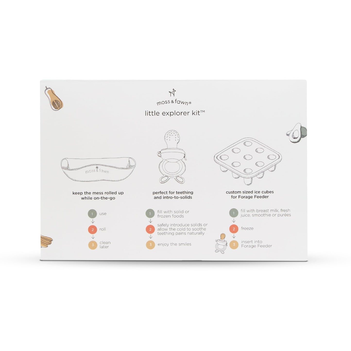 Moss and Fawn Little Explorer Kit - Silicone Frozen Breast Milk Popsicle Kit with Forage Feeder, Teething Popsicle Ice Cube Tray, & Gather & Roll Baby