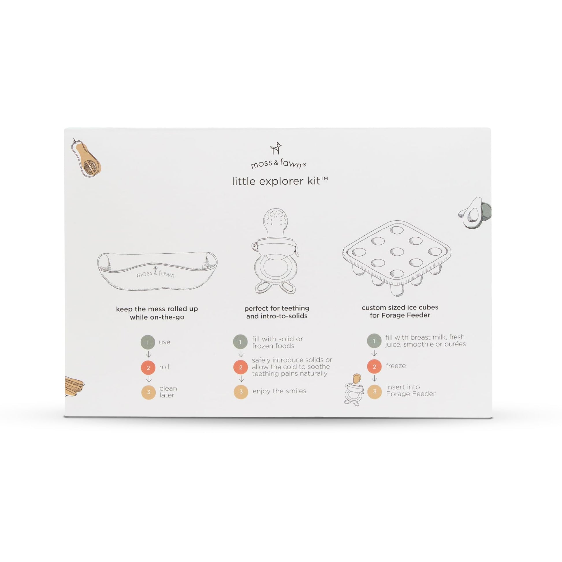 Moss and Fawn Little Explorer Kit - Silicone Frozen Breast Milk Popsicle Kit with Forage Feeder, Teething Popsicle Ice Cube Tray, & Gather & Roll Baby
