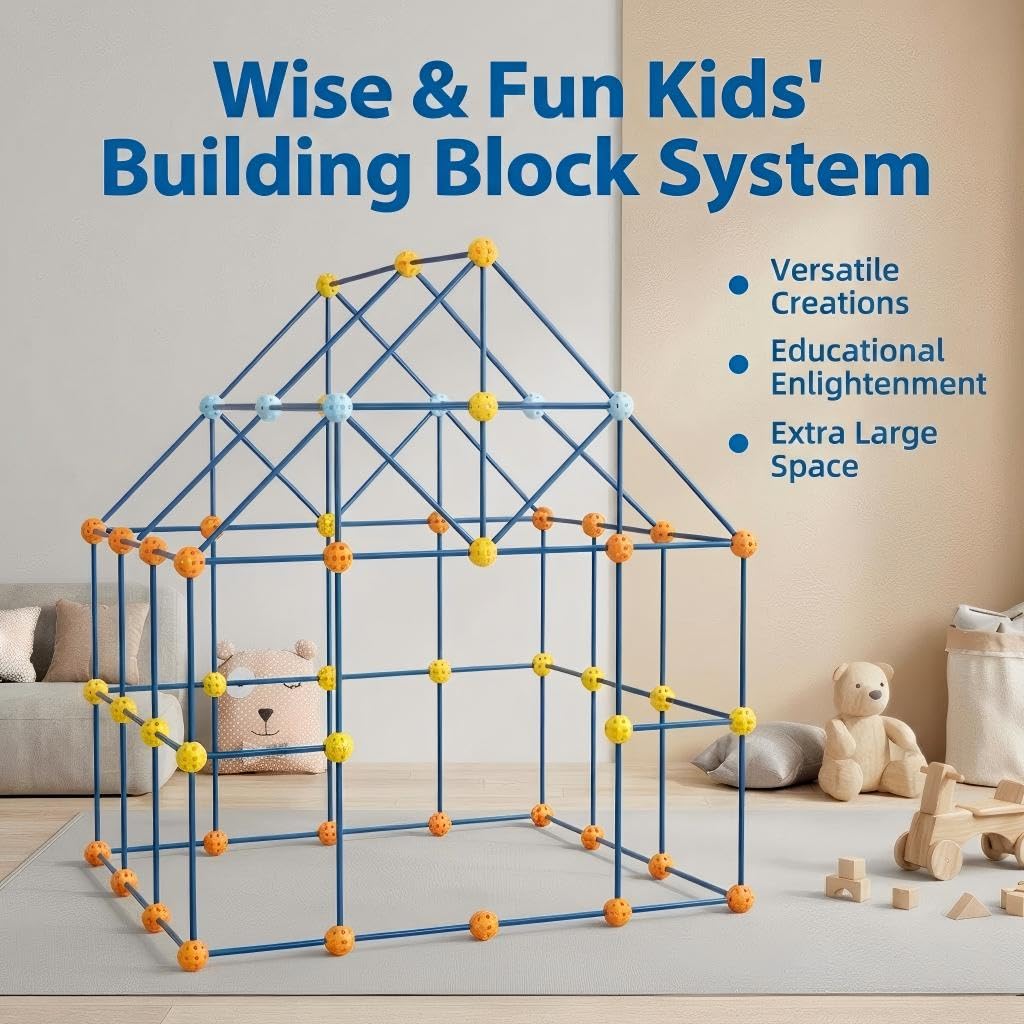 EZMind Fort Building Kit, 158 Pieces Construction STEM Toy Set, Indoor Outdoor Building Blocks with 55 Rods and 48 Balls, Kids DIY Play Fort Ages 3-12