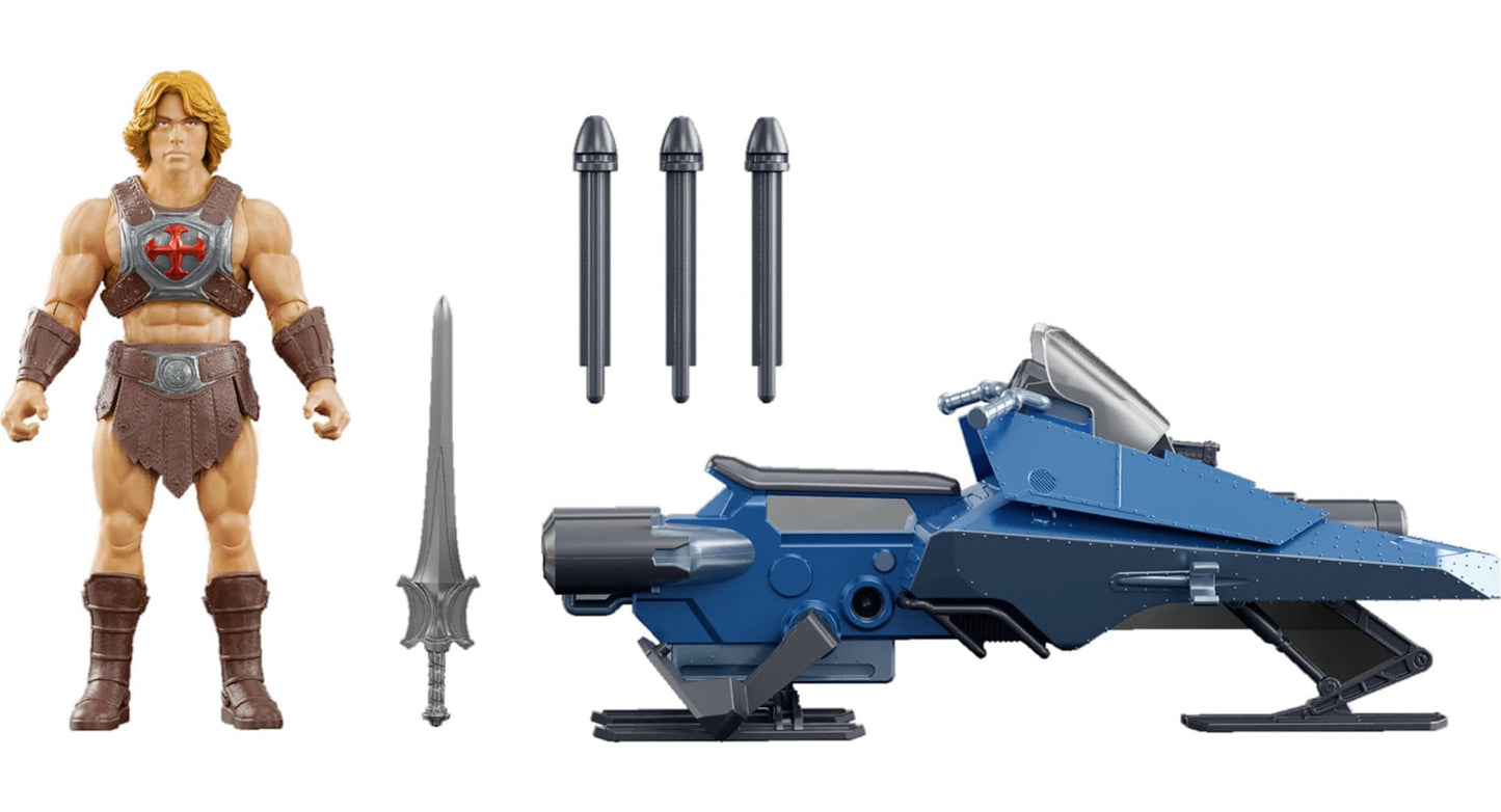 Masters of the Universe Vehicle & Figure 5.5 Inch Scale, Universe He-Man and Sky Sled Pack, 2026 Movie Accurate, Blaster & Projectiles (Amazon