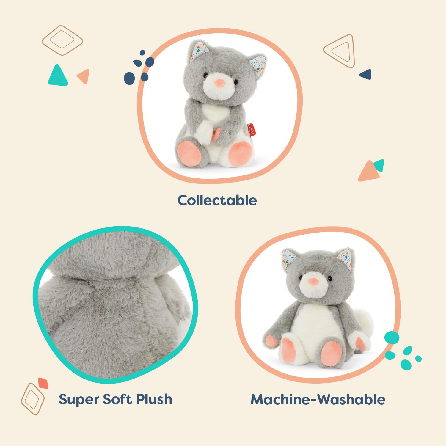 B. toys Cloudy Cosmo Stuffed Animal, Gray & White Washable Cat, Grey Cat