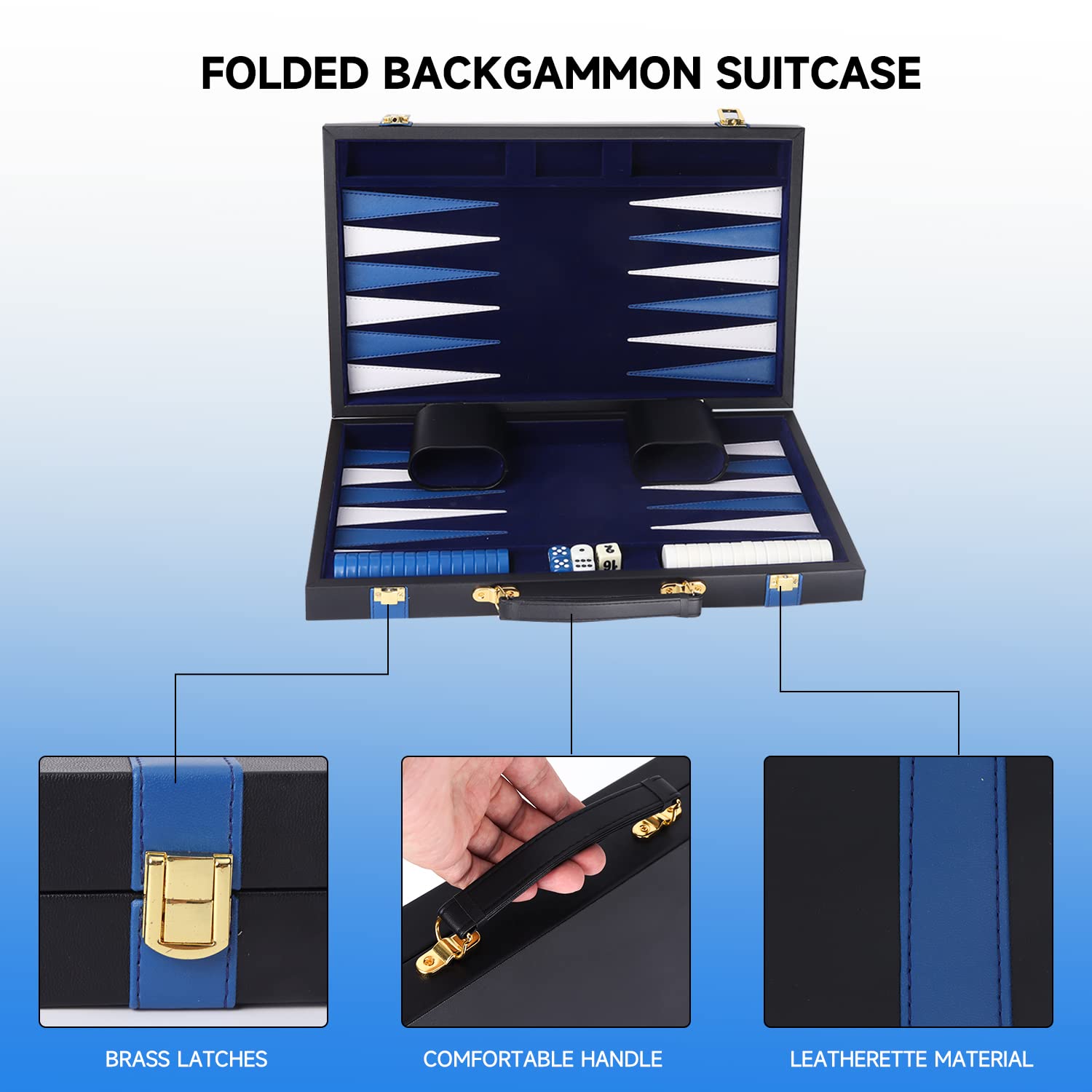 GSE Premium Leather Backgammon Board Game Set, Black&Blue, Medium