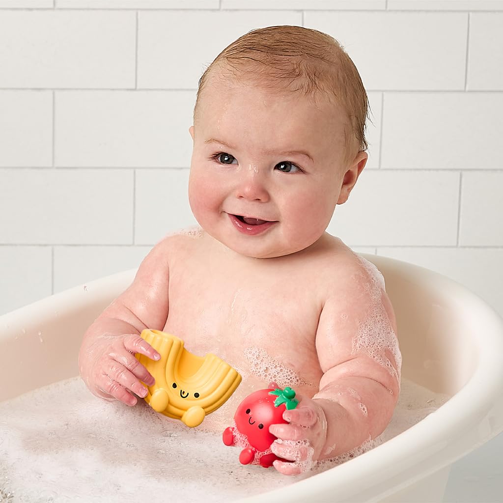 Itzy Ritzy Bath Squirter Toys - Set of 3 Textured, Pasta-Shaped Bath Toys & 1 Sprinkle Strainer - Itzy Splash Pals Promote Sensory Play, Cause
