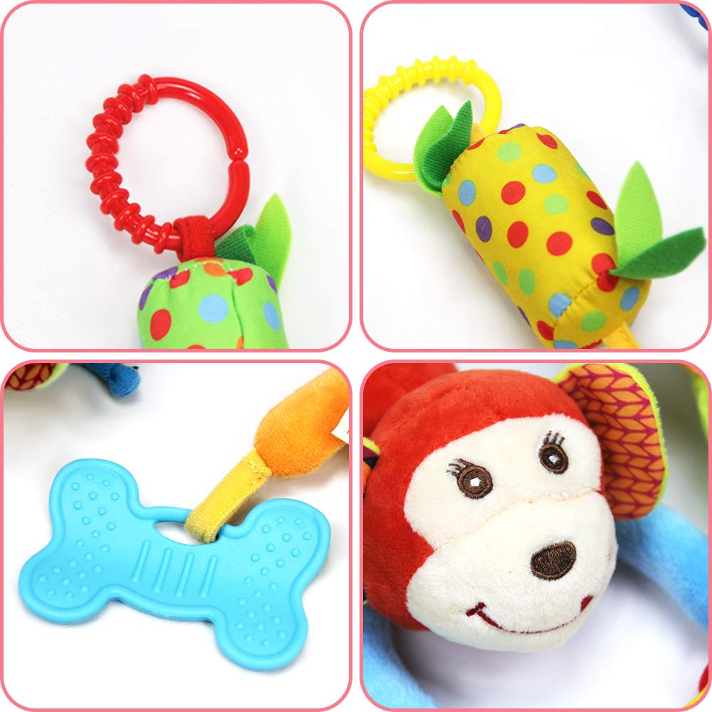 Joyshare 4 PCS Baby Soft Hanging Rattle Crinkle Squeaky Toy - Baby Toys for 0 3 6 9 to 1 Animal Ring Plush Stroller Infant Car Bed Crib Travel