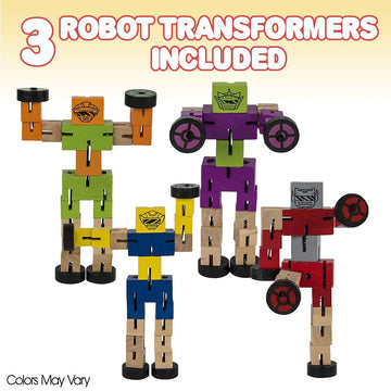 ArtCreativity Wooden Toy Robots 3 Pack | Colorful 5.75 Inch Transforming Action Figures and STEM Blocks for Kids | Educational Puzzle Toys