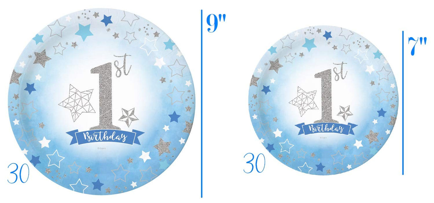 First Birthday Baby Boy Party pack for 30 Guesy Tableware Kit Plates Cups Napkins Table Cover Balloons Banner Ideal for 1st Birthday theme baby