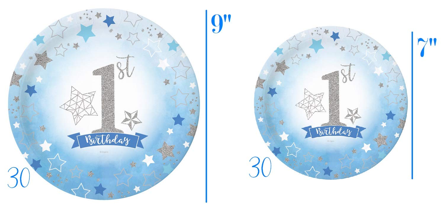 First Birthday Baby Boy Party pack for 30 Guesy Tableware Kit Plates Cups Napkins Table Cover Balloons Banner Ideal for 1st Birthday theme baby