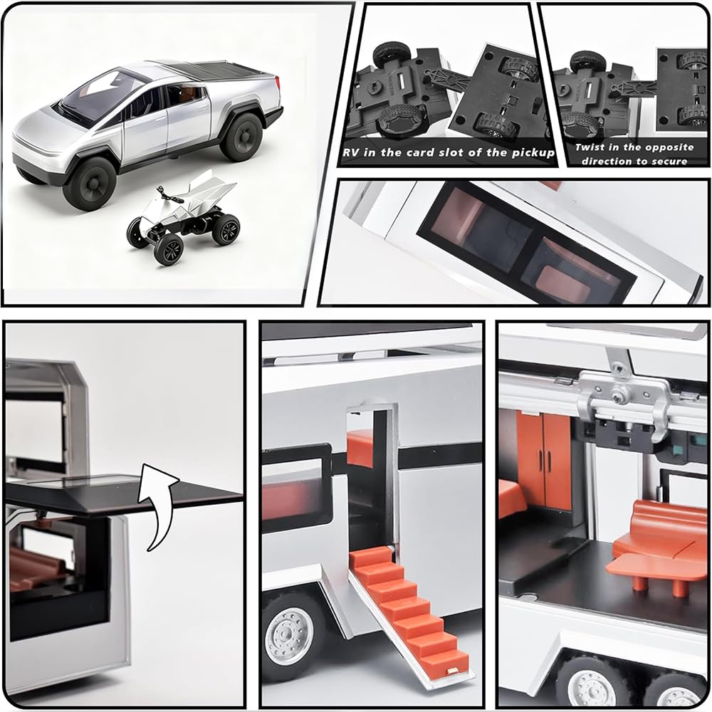 Cyber Style Truck Alloy Diecast Toys with Metal Trailer and Motorcycle Pull Back Pickup Model with Sound and Light Effect Race Car for Kid Adult Age