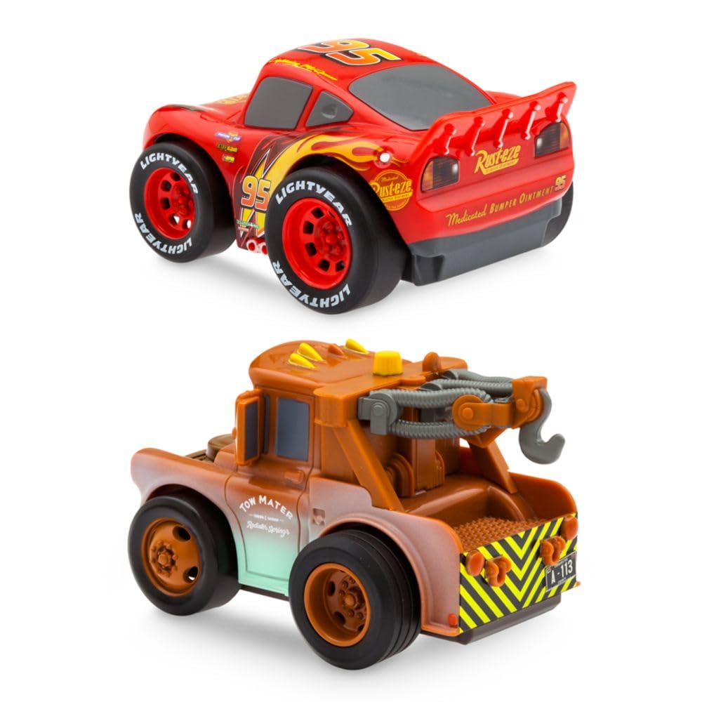 Disney Store Official Lightning McQueen and Tow Mater Pullback Stunt Vehicles Set - Pull Back Toys, 4 Tricks - Super Speed, Wheelie, Spin Right/Left