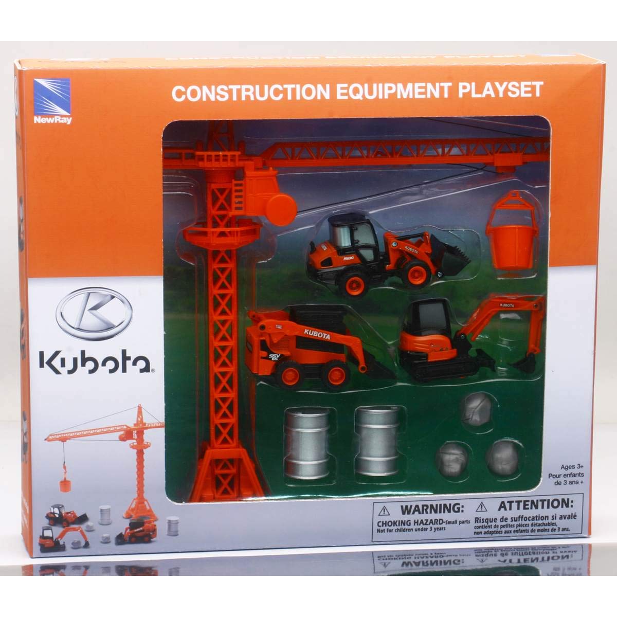 New Ray Kubota Die-Cast Construction Vehicles Set, Plastic Engineering Toys Playset Includes Steer Loader, Mini Excavator, Wheel Loader, Oil Drums