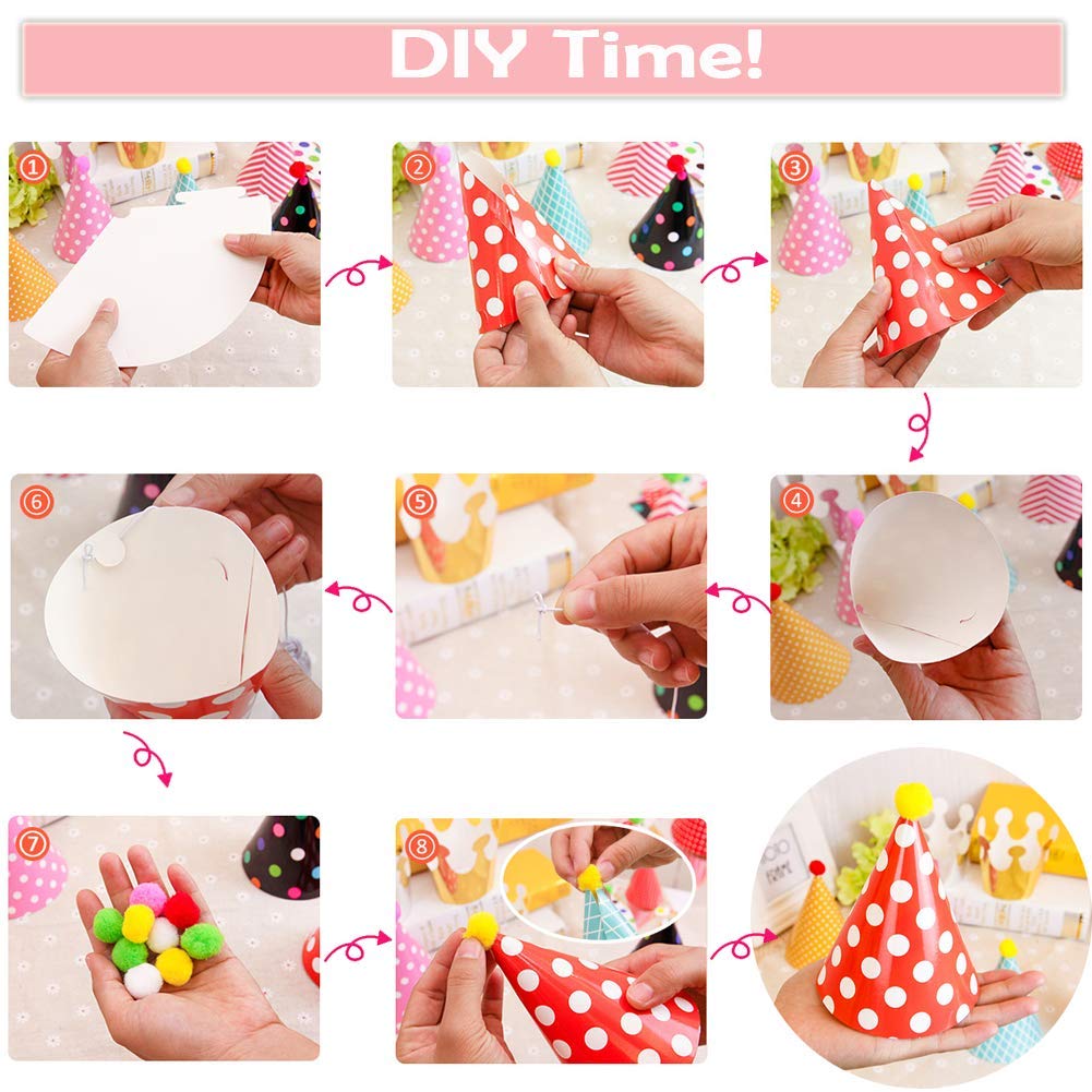 Yocharm 22 PCs Party Hats Birthday Crown Cone Hats DIY Party Favours Hat with Pom Poms Paper Mini Birthday Hats for Kids Adults
