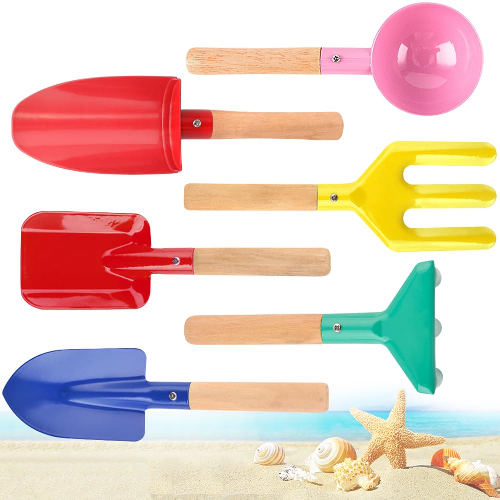 UMUACCAN Beach Toys for Kids,Beach Sand Toys, 8'' Metal Sandbox Toys with Sturdy Wooden Handle,Safe Beach Gardening Set,Spoon, Fork, Trowel, Rake