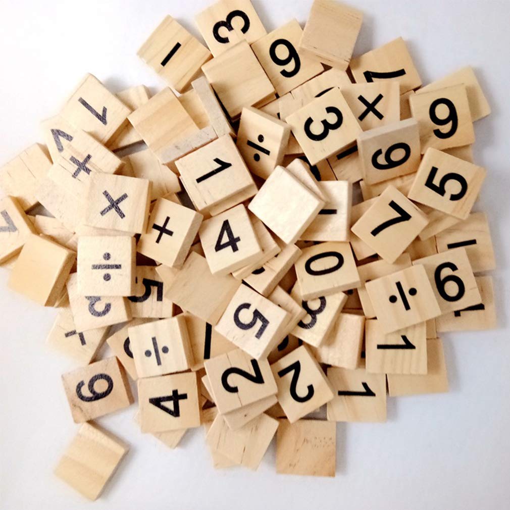 Vos Risus 100 PCS Wood Scrabble Tiles Numbers and Symbols for Crafts - DIY Wood Gift Decoration-Child Education Mathematical Calculation