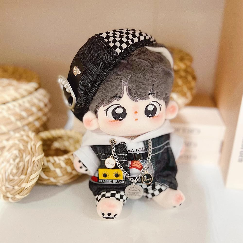niannyyhouse 20cm Plush Doll Clothes Black and White Mist Set Beret Hoodie Pants Glasses Vest Shoes Soft Stuffed Plush Toy Dress Up (20cm)