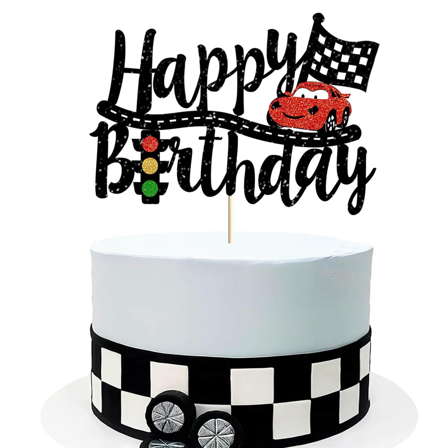Race Car Birthday Cake Topper - Black Happy Birthday Cake Topper for Chequered Flag/Racing Car Themed Kids Boys Girls 1st 2nd 3th 4th 5th 6th 7th