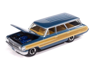 1964 Country Squire Guardsman Blue Metallic with Woodgrain Sides Muscle Wagons Series 1/64 Diecast Model Car by Auto World 64522-AWSP205A